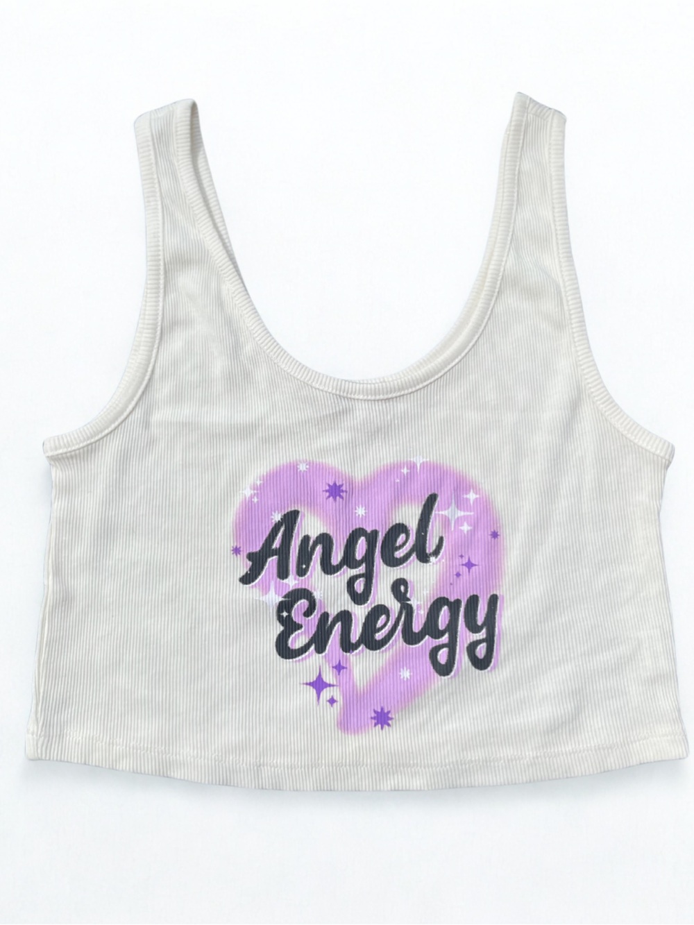 Angel Energy White Ribbed Crop Tank Top Y2K Airbrushed Purple Graphic Girly Cute